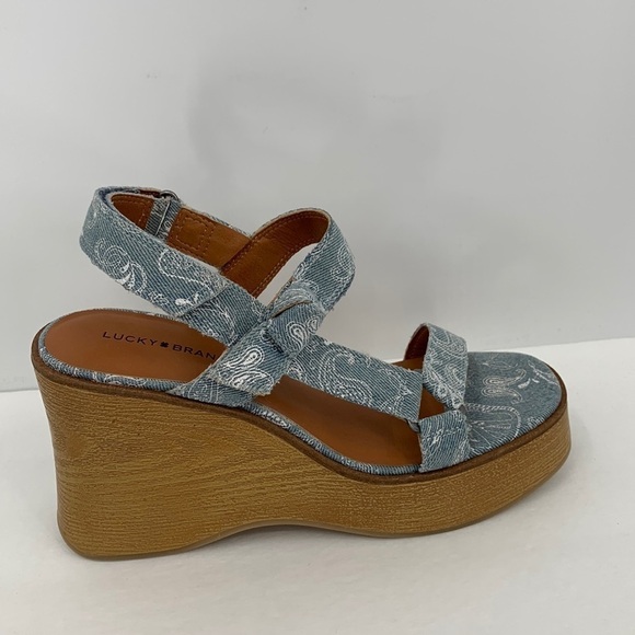 Lucky Brand Demmia wedge platform wood sandal shoe strappy printed denim new 8 - Picture 1 of 7